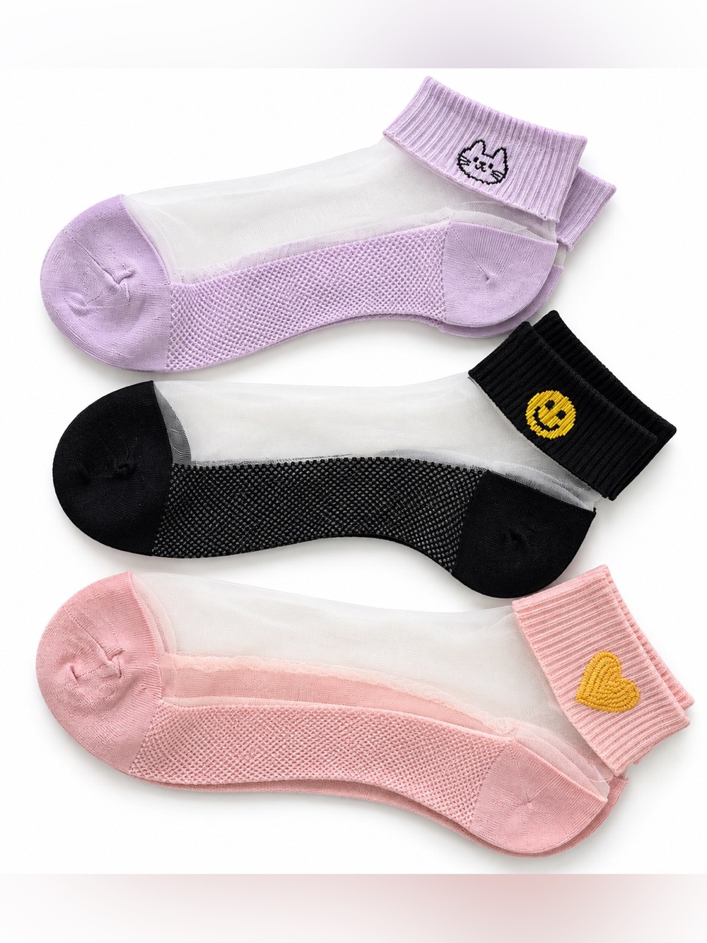 Sheer Ankle Sock Trio β White, Black & Pink One Size